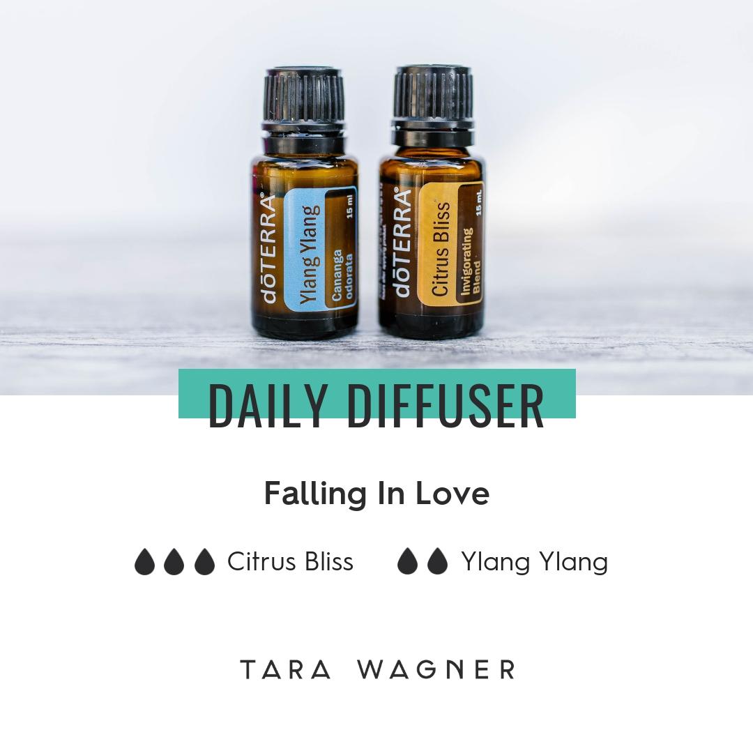 Diffuser recipe called Falling in Love depicting the recipe: 3 drops citrus bliss and 2 drops ylang ylang essential oils
