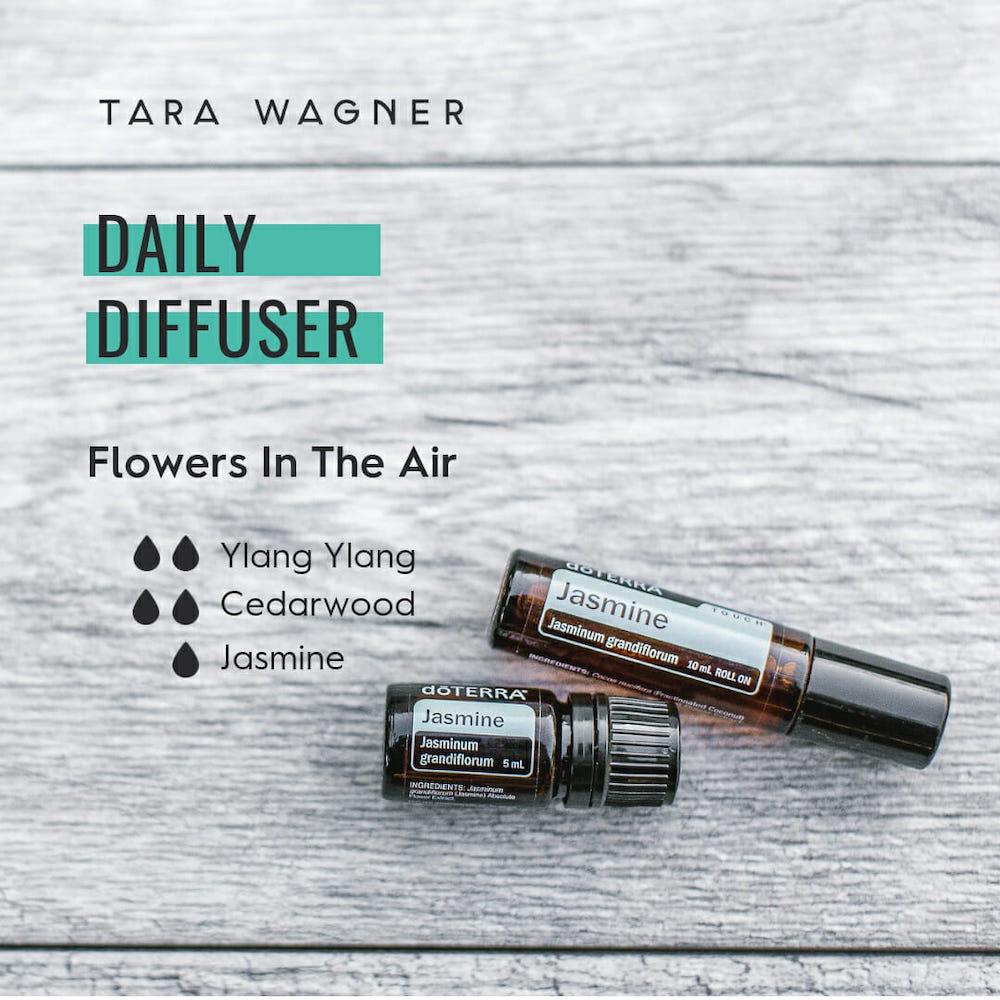Diffuser recipe called Flowers in the Air depicting the recipe: 2 drops ylang ylang, 2 drops cedarwood, and 1 drop jasmine essential oils