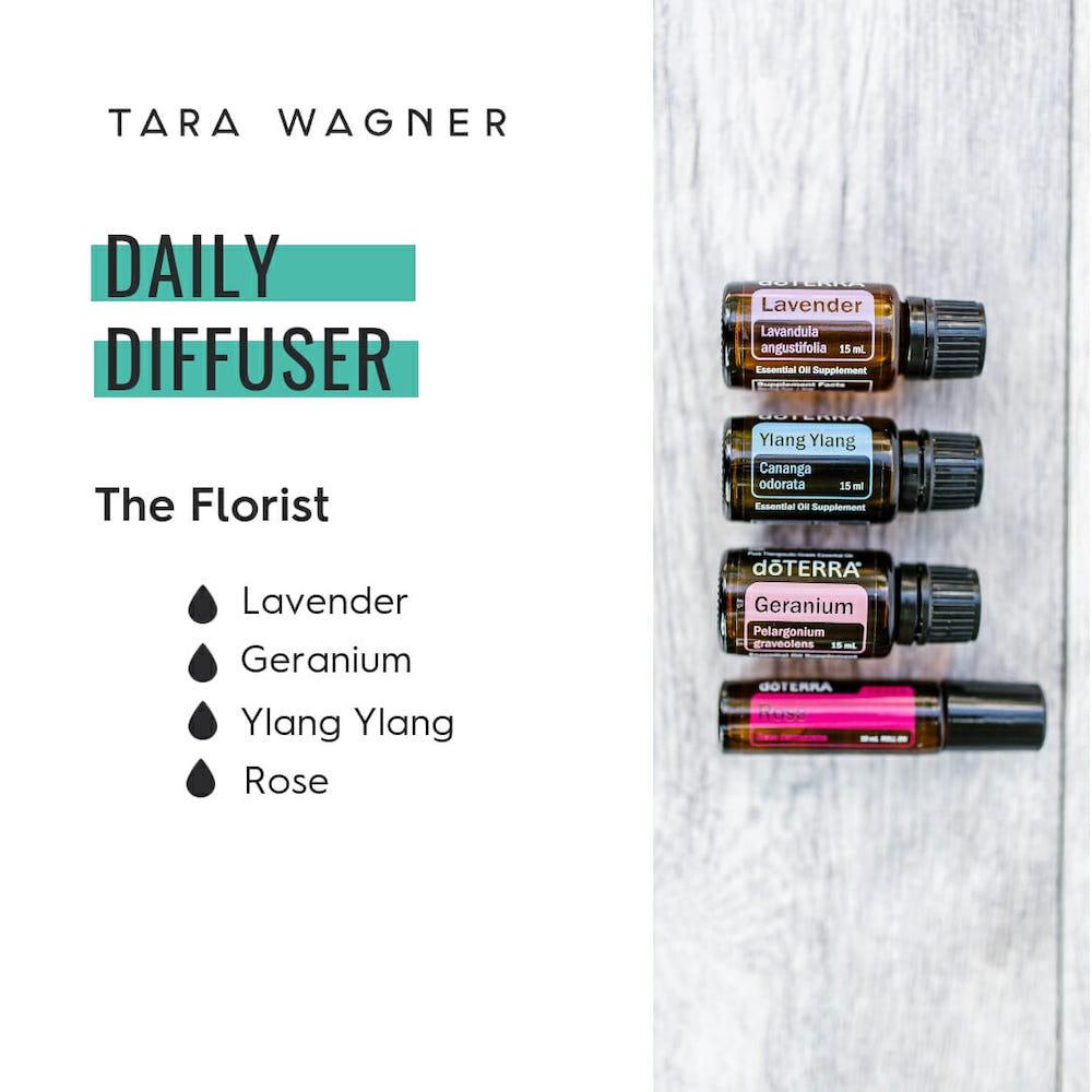 Diffuser recipe called The Florist depicting the recipe: 1 drop each of lavender, geranium, ylang ylang, and rose essential oils