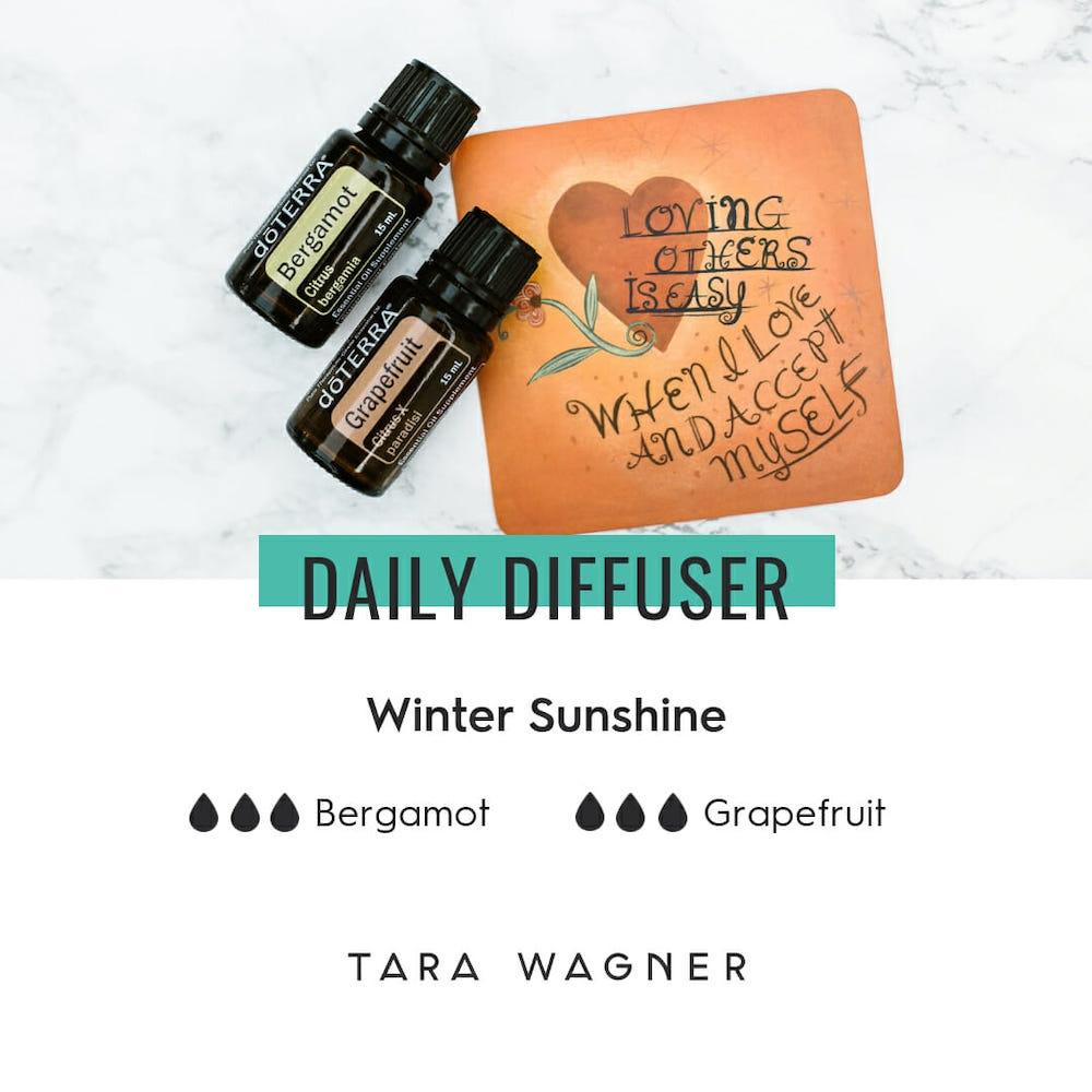 Diffuser recipe called Winter Sunshine depicting the recipe: 3 drops bergamot and 3 drops grapefruit essential oils
