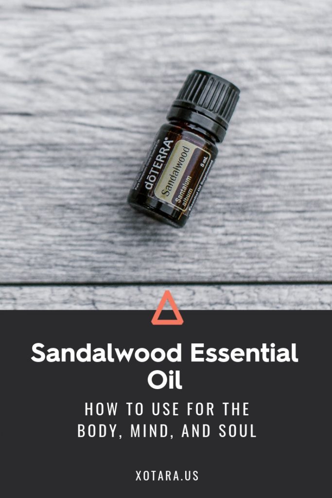 doTERRA Sandalwood Essential oil bottle with text, How to Use for Body, Mind, and Soul