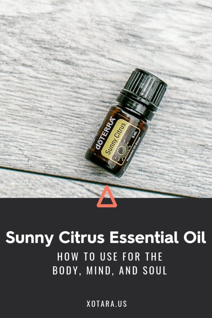 doTERRA Sunny Citrus Essential oil bottle with text, How to Use for Body, Mind, and Soul