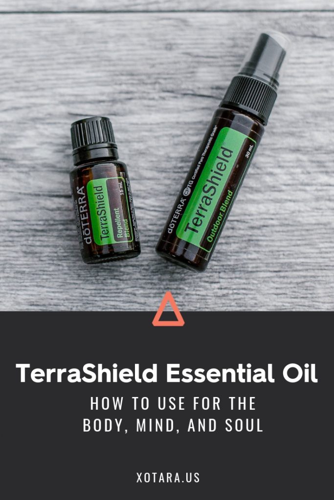 doTERRA TerraShield Essential oil bottle with text, How to Use for Body, Mind, and Soul