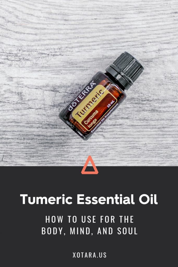 doTERRA Tumeric Essential oil bottle with text, How to Use for Body, Mind, and Soul