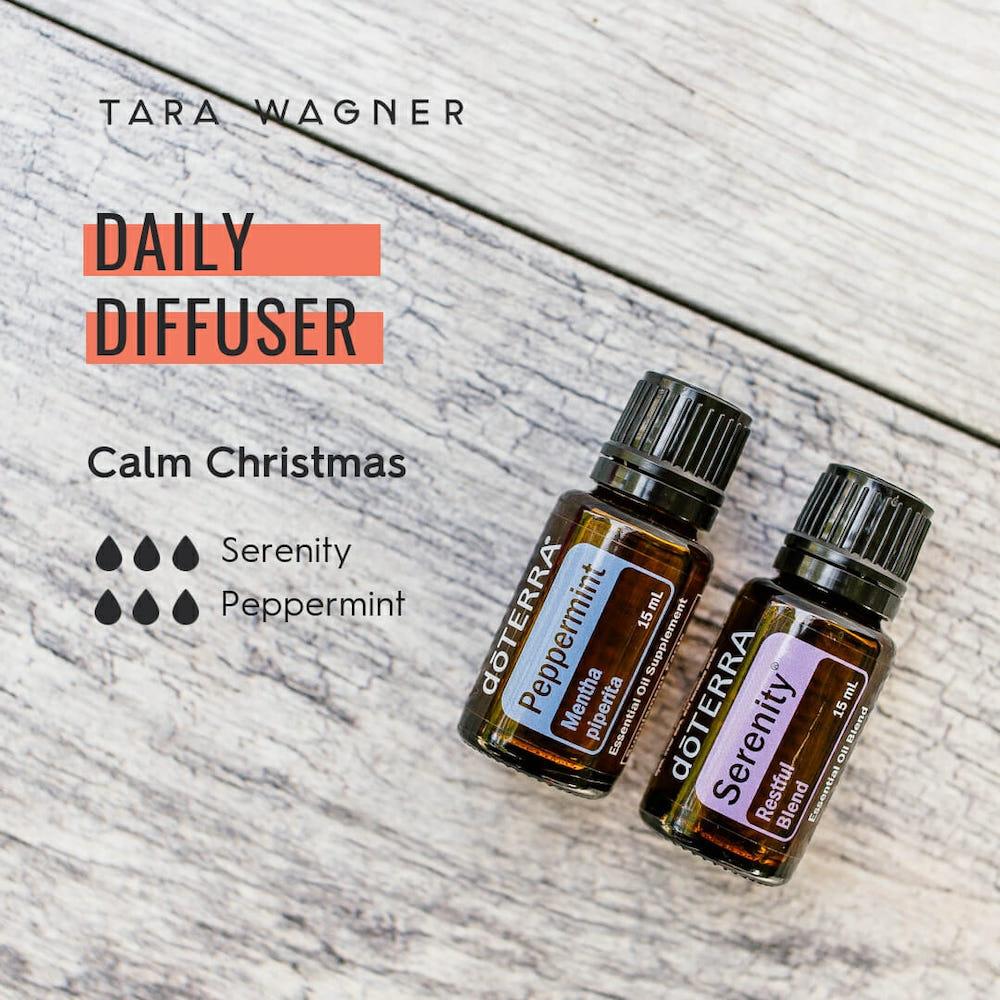 Diffuser recipe called Calm Christmas depicting the recipe: 3 drops each of serenity and peppermint essential oils