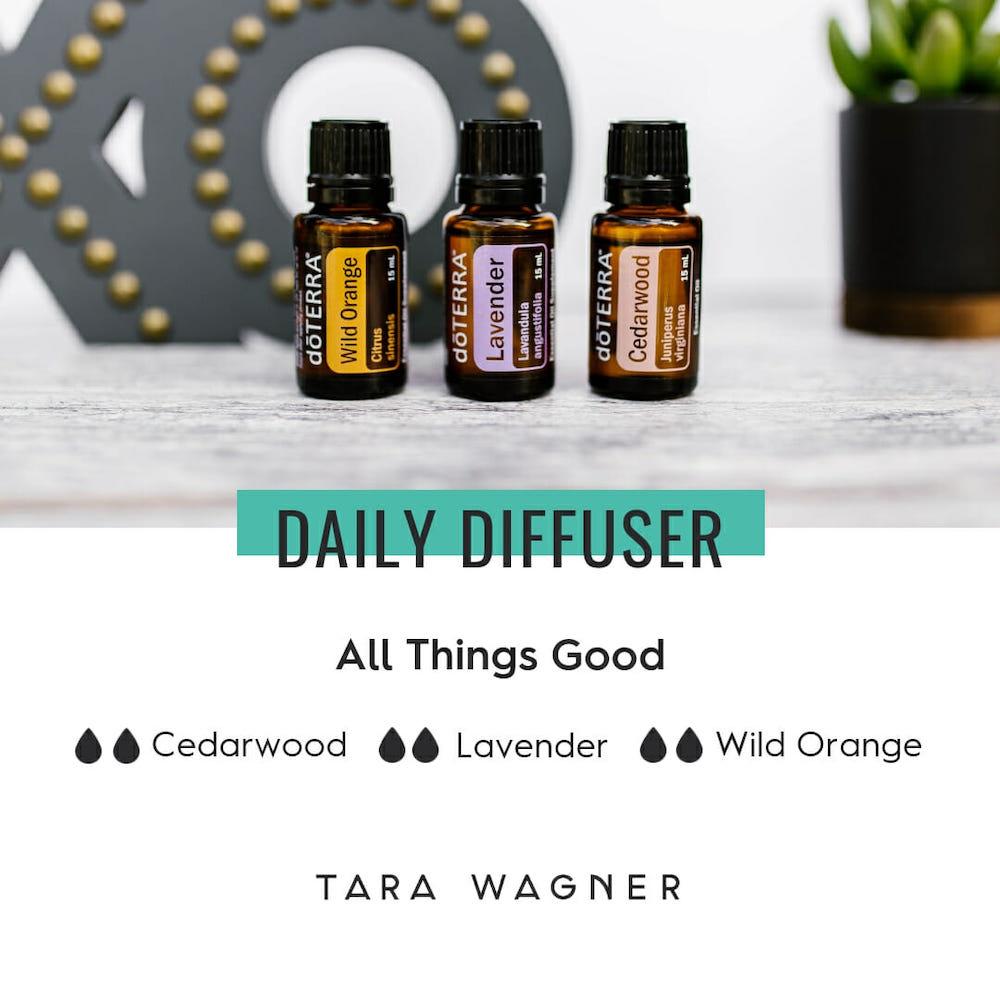 Diffuser recipe called All Good Things depicting the recipe: 2 drops each of cedarwood, lavender, and wild orange essential oils