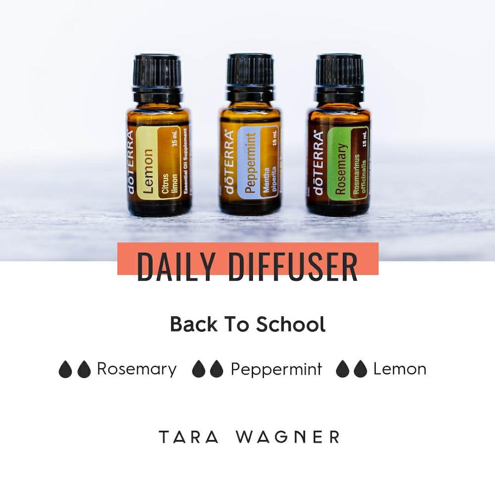 Diffuser recipe called Back to School depicting the recipe: 2 drops each of rosemary, peppermint, and lemon essential oils
