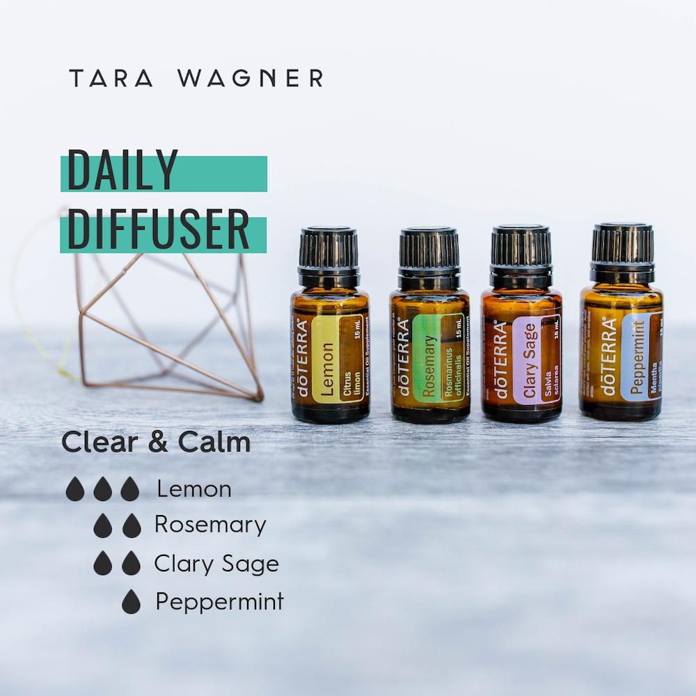 Diffuser recipe called Clear & Calm depicting the recipe: 3 drops lemon, 2 drops rosemary, 2 drops clary sage, and 1 drop peppermint essential oils