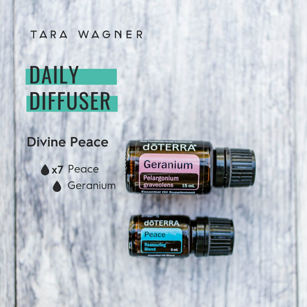 Diffuser recipe called Divine Peace depicting the recipe: 7 drops peace and 1 drop geranium essential oils