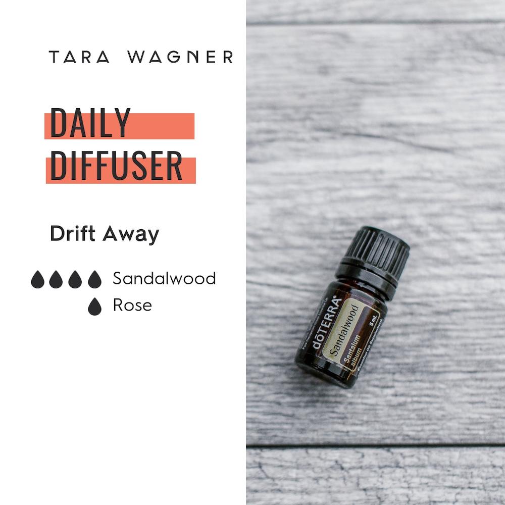 Diffuser recipe called Drift Away depicting the recipe: 4 drops sandalwood and 1 drop of rose essential oils