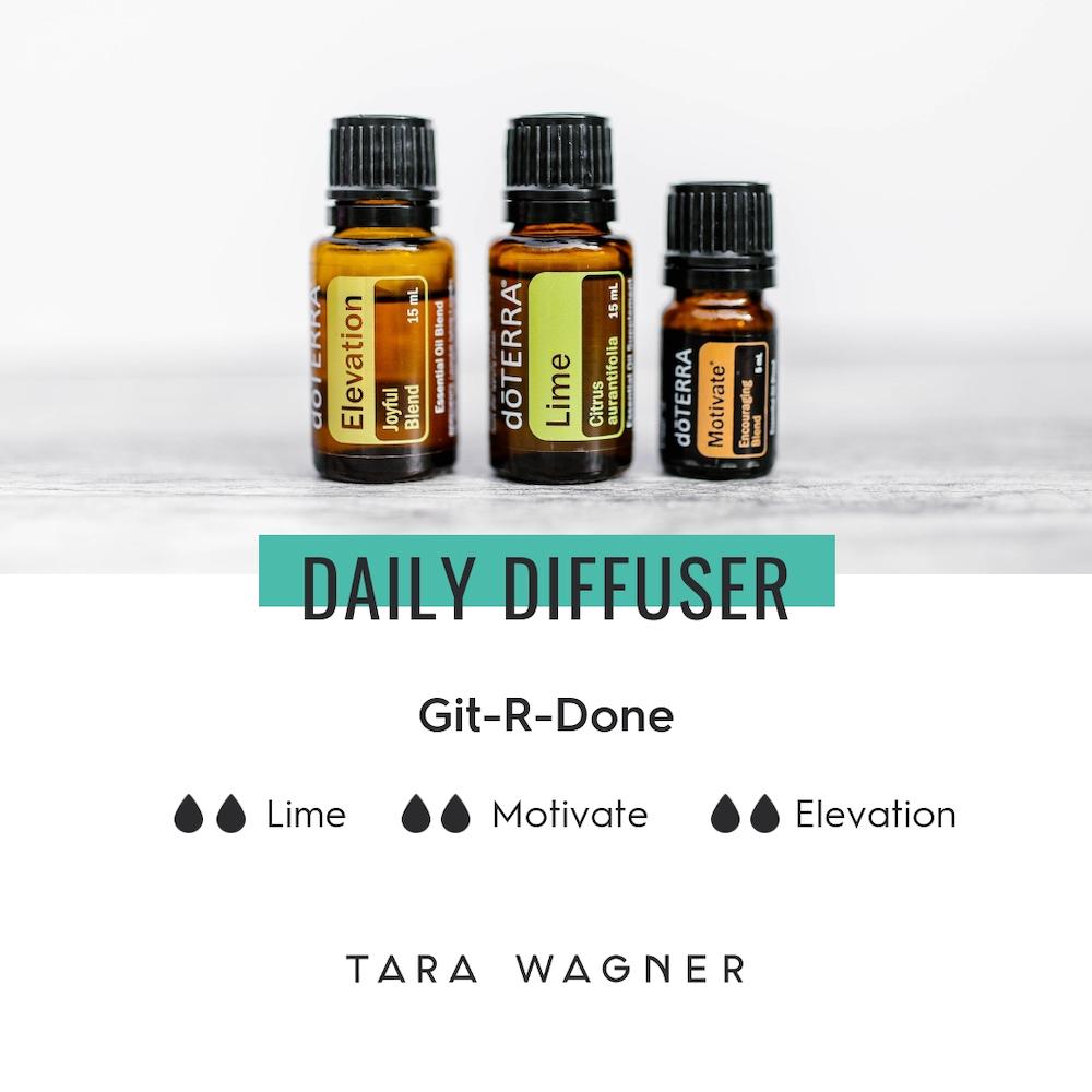 Diffuser recipe called Git-R-Done depicting the recipe: 2 drops each of lime, motivate, and elevation essential oils