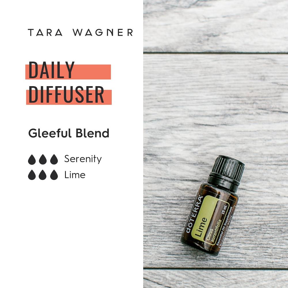 Diffuser recipe called Gleeful Blend depicting the recipe: 3 drops serenity and 3 drops lime essential oils