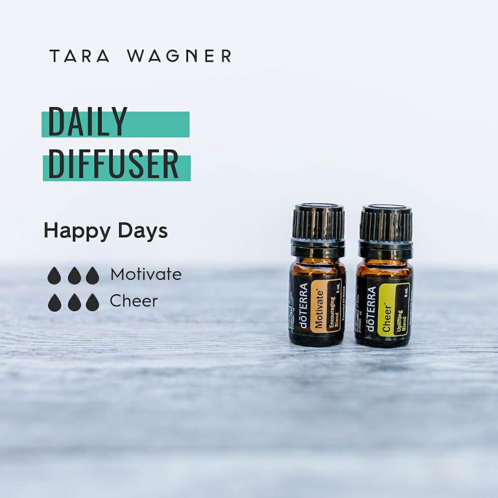 Diffuser recipe called Happy Days depicting the recipe: 3 drops each of motivate and cheer essential oils