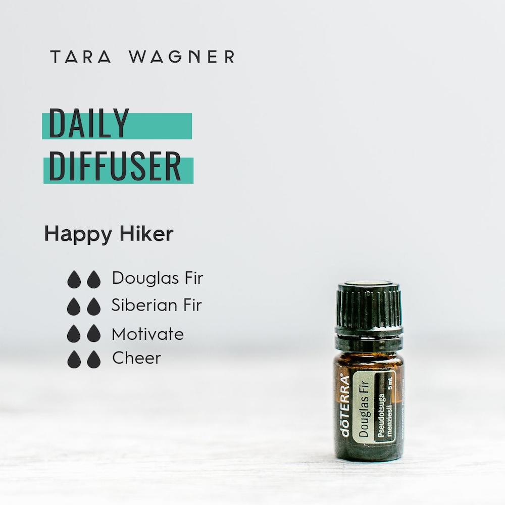Diffuser recipe called Happy Hiker depicting the recipe: 2 drops each of Douglas fir, Siberian fir, motivate, and cheer essential oils