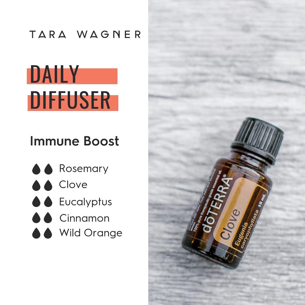Diffuser recipe called Immune Support depicting the recipe: 2 drops each of rosemary, clove, eucalyptus, cinnamon, and wild orange essential oils