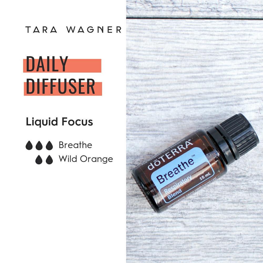 Diffuser recipe called Liquid Focus depicting the recipe: 3 drops breathe and 2 drops wild orange essential oils