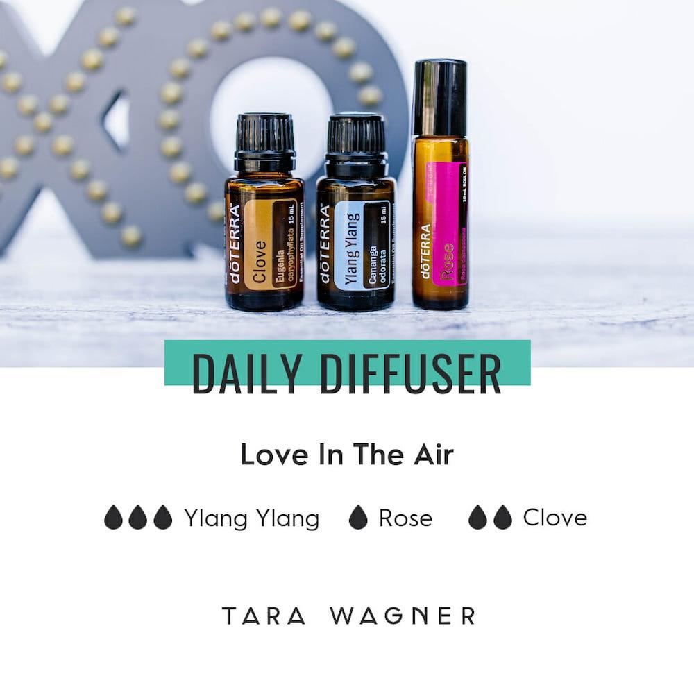 Diffuser recipe called Love In The Air depicting the recipe: 3 drops ylang yland, 1 drop rose, and 2 drops clove essential oils