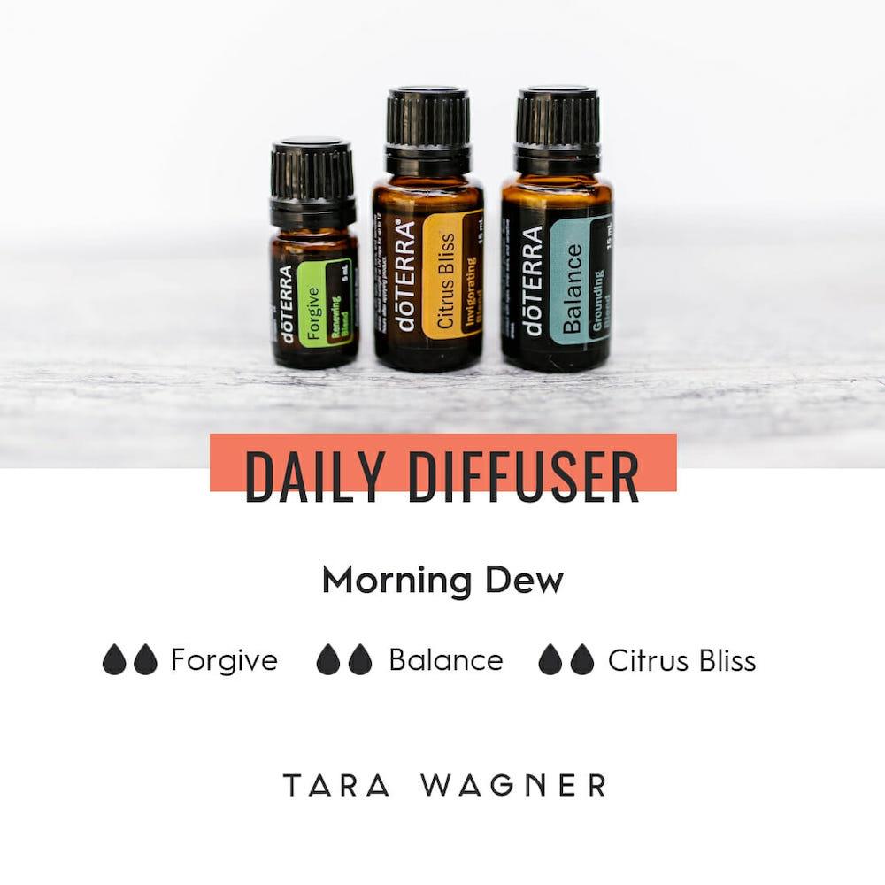 Diffuser recipe called Morning Dew depicting the recipe: 2 drops each of forgive, balance, and citrus bliss essential oils