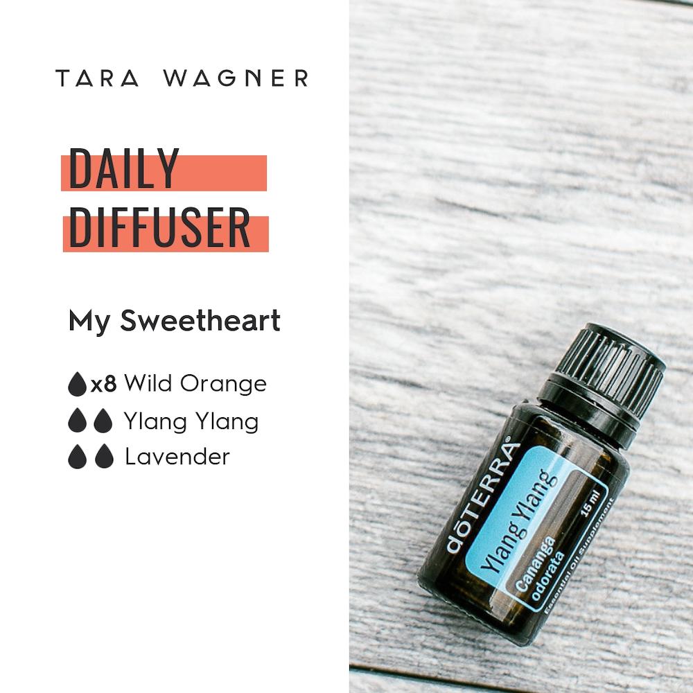 Diffuser recipe called My Sweetheart depicting the recipe: 8 drops wild orange, 2 drops ylang ylang, and 2 drops lavender essential oils