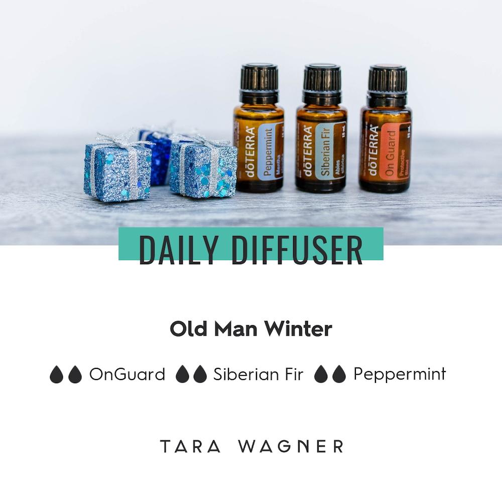 Diffuser recipe called Old Man Winter depicting the recipe: 2 drops each of on guard, Siberian fir, and peppermint essential oils