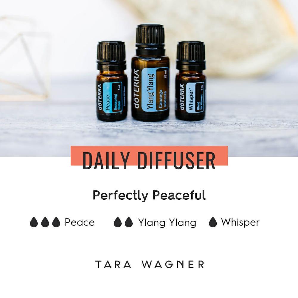 Diffuser recipe called Perfectly Peaceful depicting the recipe: 3 drops peace, 2 drops ylang ylang, and 1 drop whisper essential oils