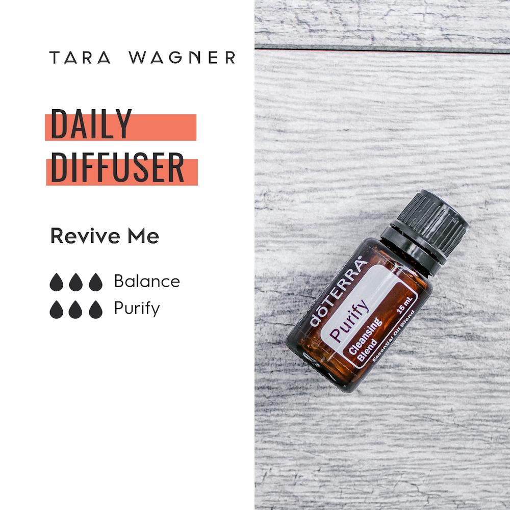Diffuser recipe called Revive Me depicting the recipe: 3 drops balance and 3 drops purify essential oils