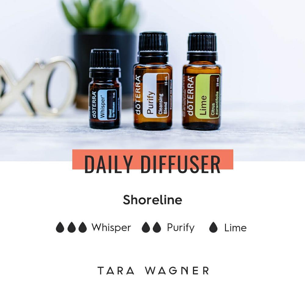 Diffuser recipe called Shoreline depicting the recipe: 3 drops whisper, 2 drops purify, and 1 drop lime essential oils