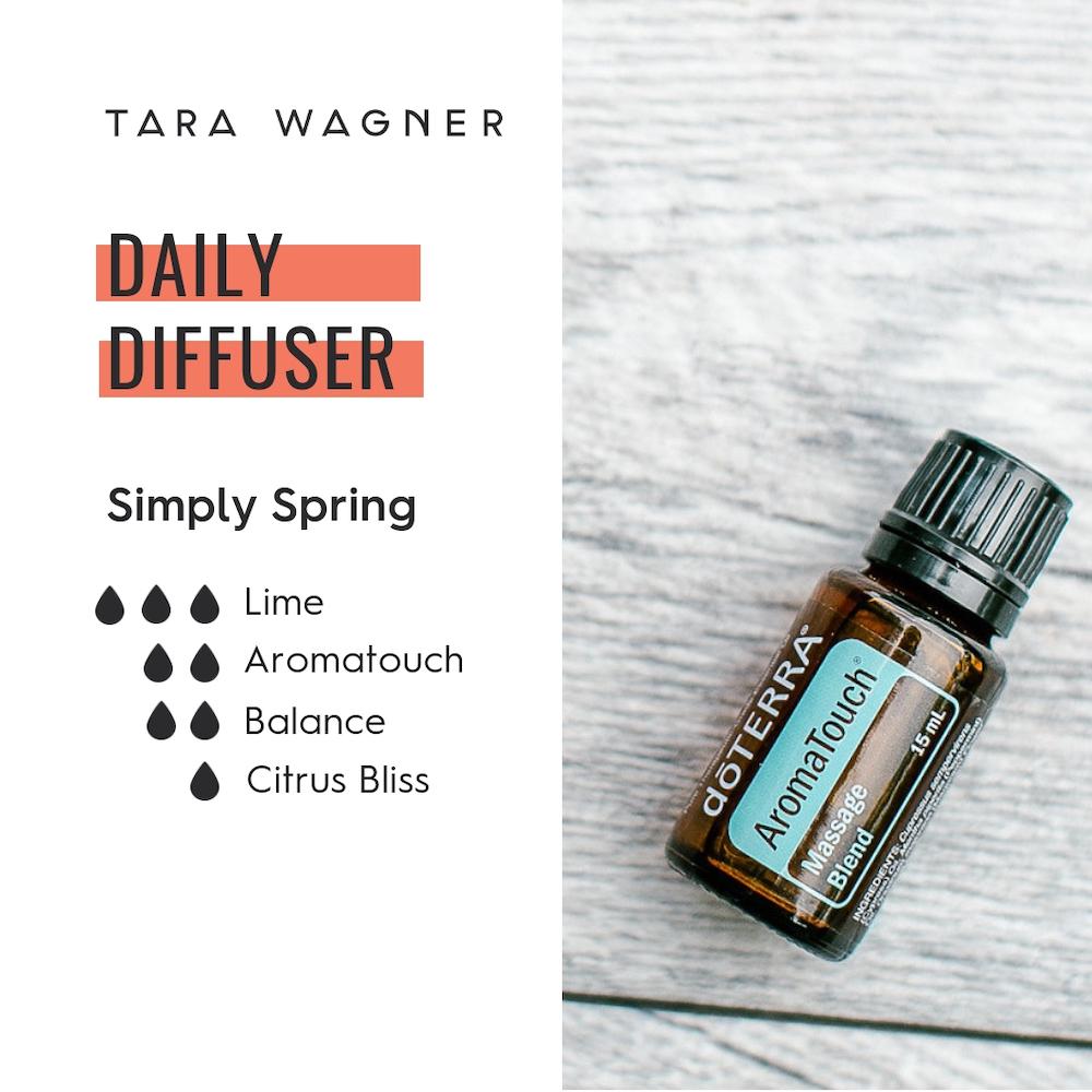 Diffuser recipe called Simply Spring depicting the recipe: 3 drops lime, 2 drops aroma touch, 2 drops balance, and 1 drop citrus bliss essential oils