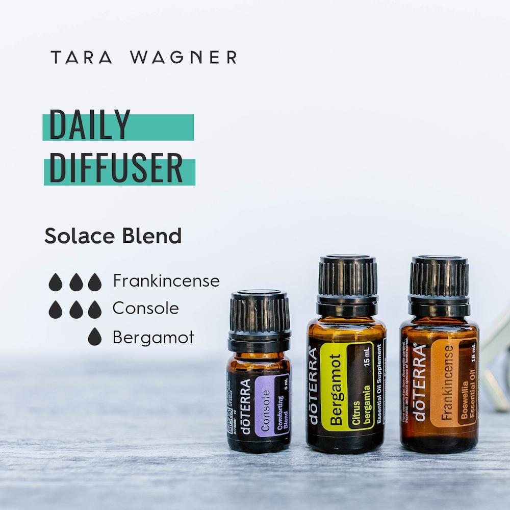 Diffuser recipe called Solace blend depicting the recipe: 3 drops frankincense, 3 drops console, and 1 drop bergamot essential oils