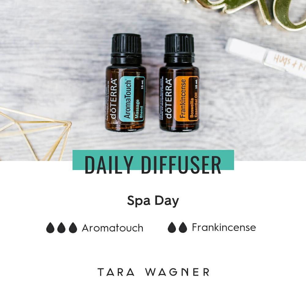 Diffuser recipe called Spa Day depicting the recipe: 3 drops aromatouch and 2 drops frankincense essential oils