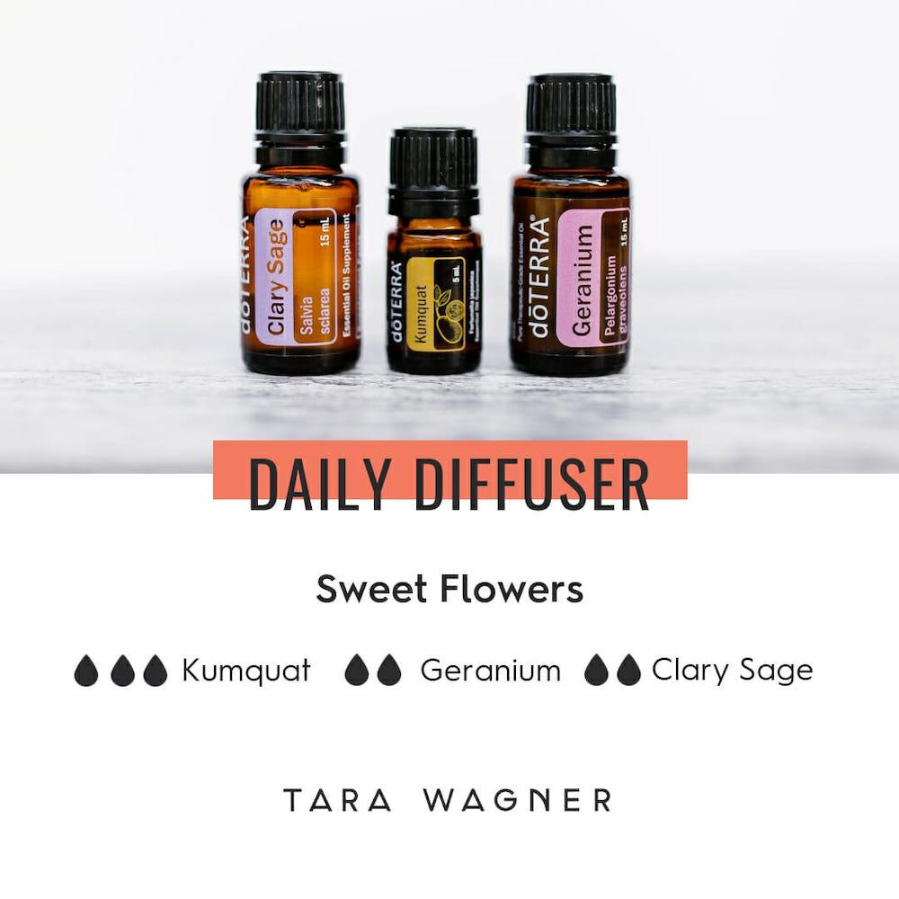 Diffuser recipe called Sweet Flowers depicting the recipe: 3 drops kumquat, 2 drops geranium, and 2 drops clary sage essential oils