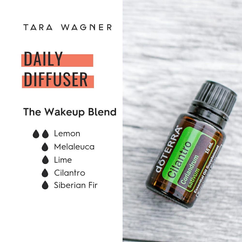Diffuser recipe called The Wakeup Blend depicting the recipe: 2 drops lemon, and 1 drop each of melaleuca, lime, cilantro, and Siberian fir essential oils