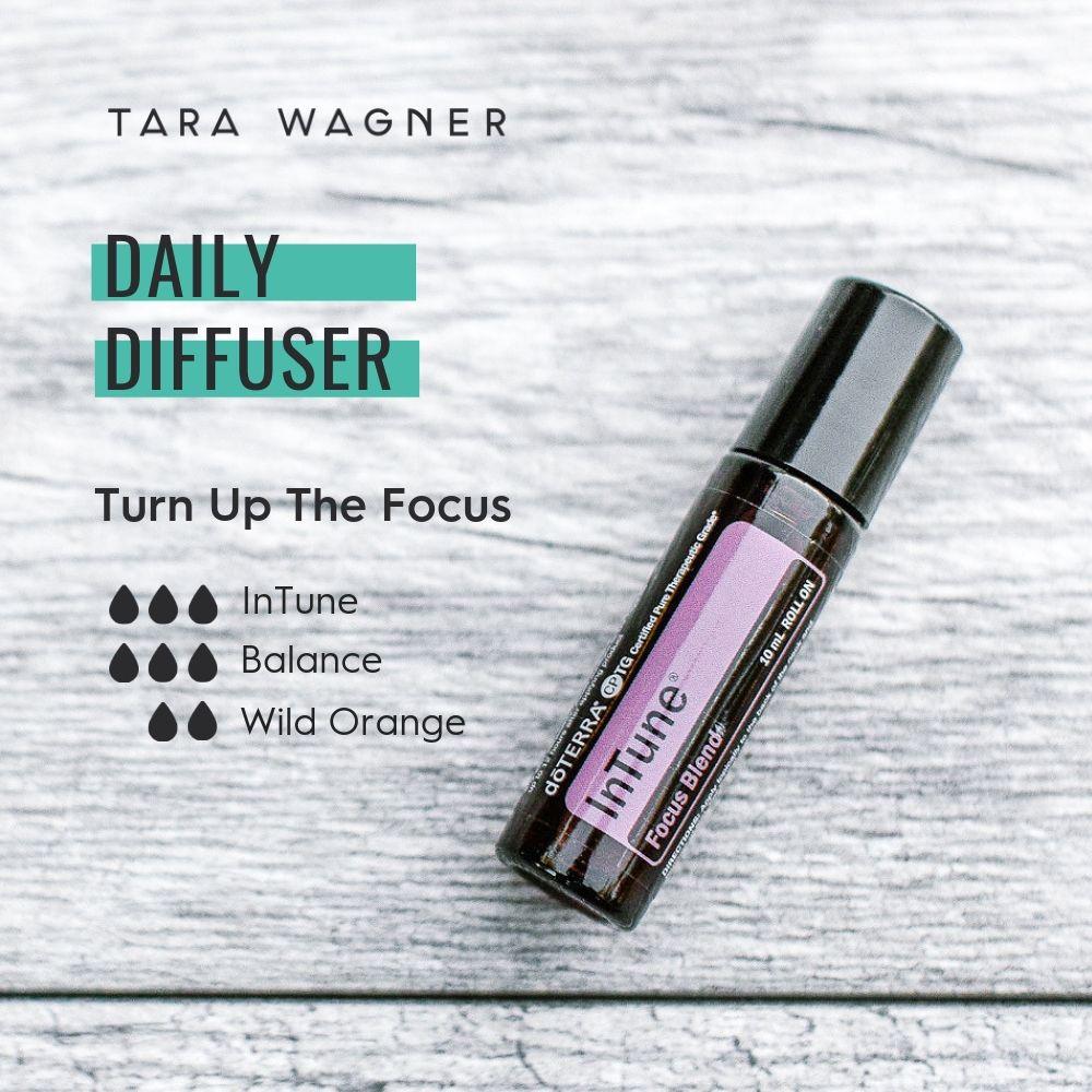 Diffuser recipe called Turn Up The Focus depicting the recipe: 3 drops InTune blend, 3 drops balance, and 2 drops wild orange essential oils