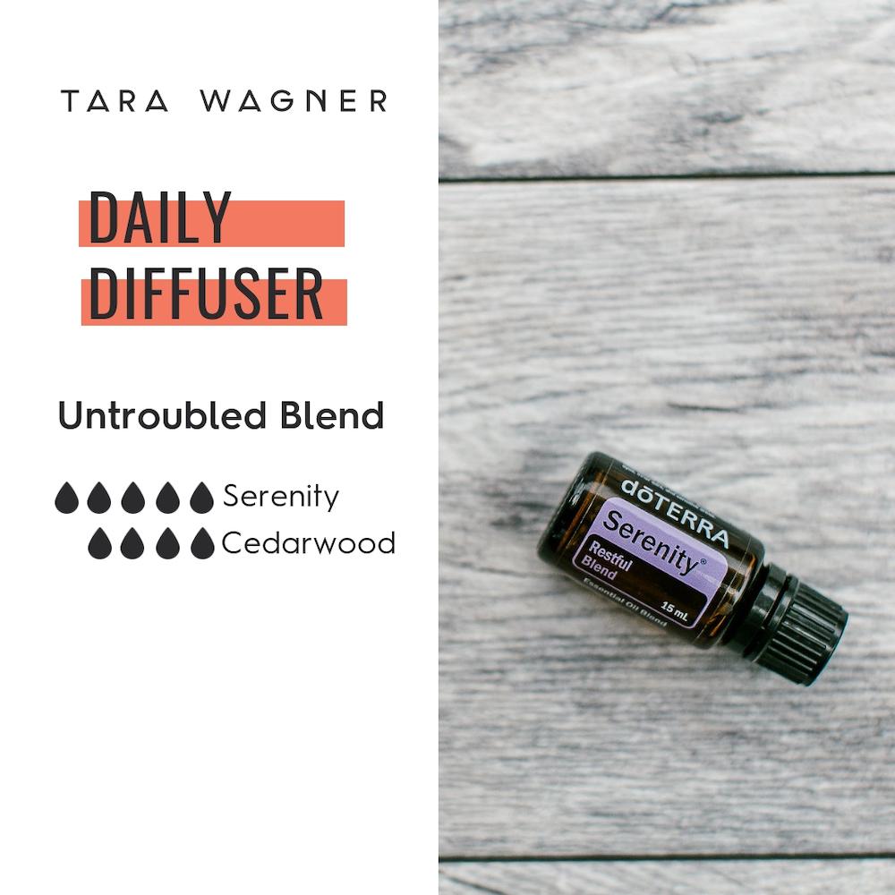 Diffuser recipe called Untroubled depicting the recipe: 5 drops serenity and 4 drops cedarwood essential oils