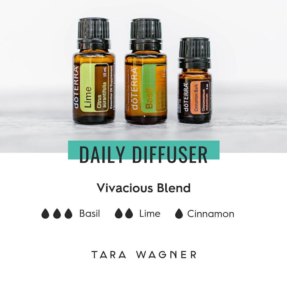 Diffuser recipe called Vivacious Blend depicting the recipe: 3 drops basil, 2 drops lime, and 1 drop cinnamon essential oils