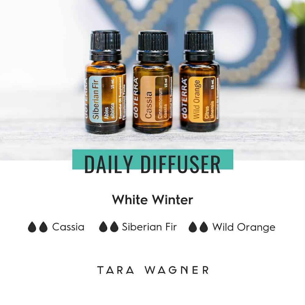 Diffuser recipe called White Winter depicting the recipe: 2 drops cassia, 2 drops Siberian fir, 2 drops wild orange essential oils