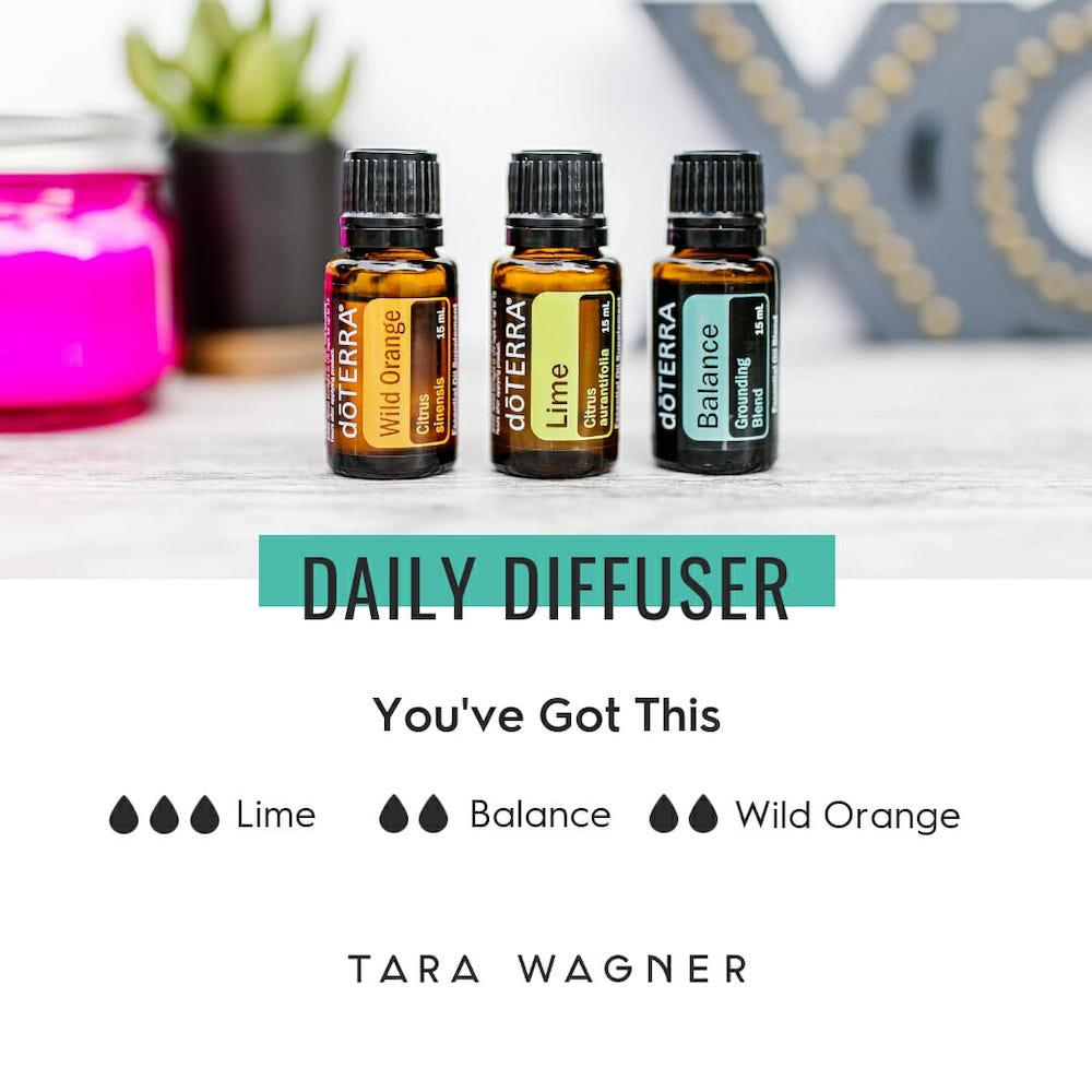 Diffuser recipe called You’ve Got This depicting the recipe: 2 drops each of balance, and wild orange and 3 drops of lime essential oils