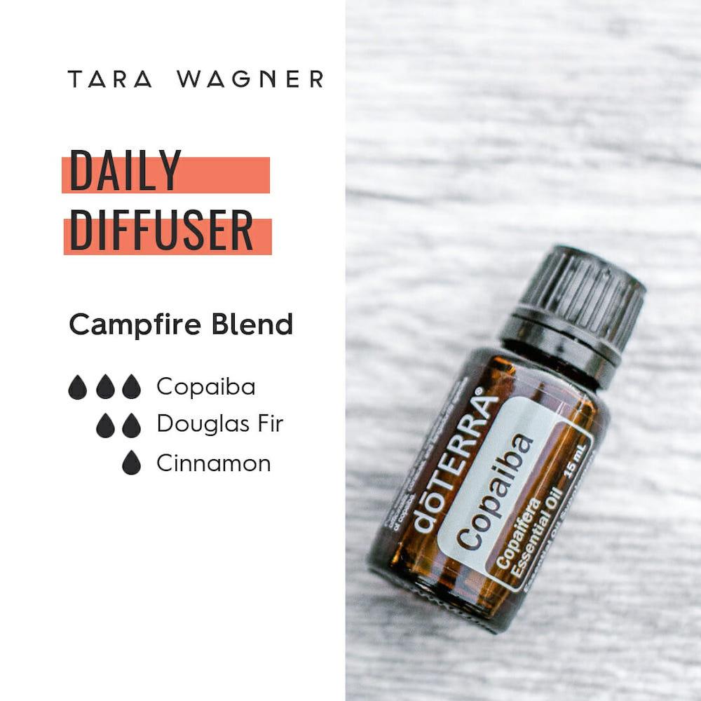 Diffuser recipe called Campfire Blend depicting the recipe: 3 drops copaiba, 2 drops Douglas fir, 1 drop cinnamon essential oils