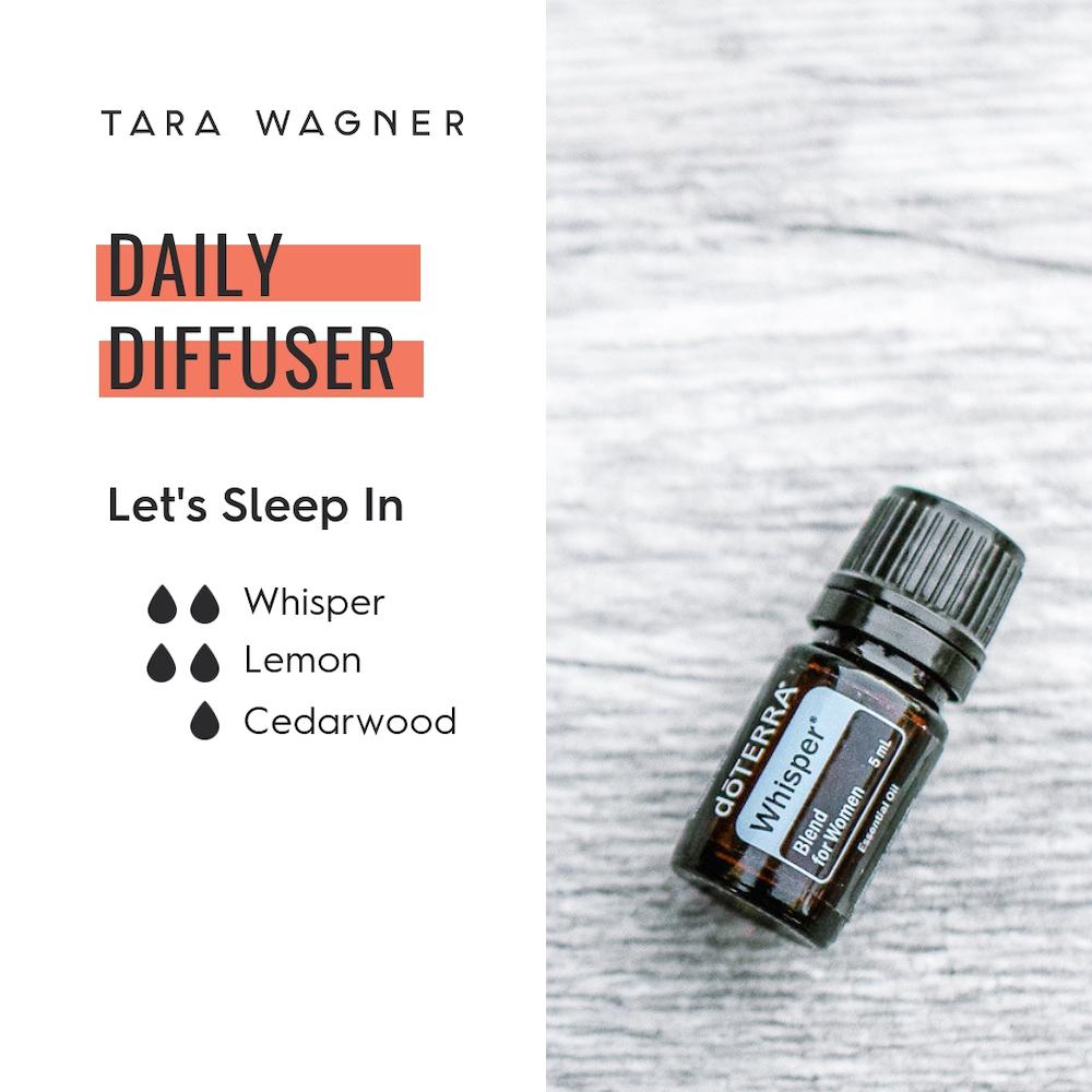 Diffuser recipe called Let’s Sleep In depicting the recipe: 2 drops whisper, 2 drops lemon, and 1 drop cedarwood essential oils