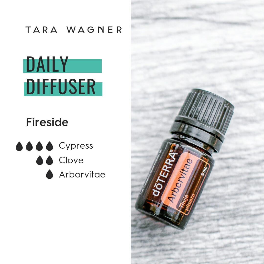 Diffuser recipe called Fireside depicting the recipe: 4 drops cypress and 2 drops clove and 1 drop arborvitae essential oils