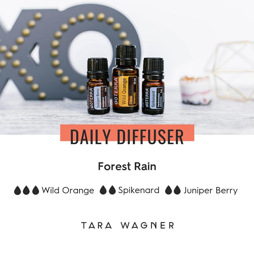 Diffuser recipe called Forest Rain depicting the recipe: 3 drops of wild orange, 2 drops each of spikenard and juniper berry essential oils