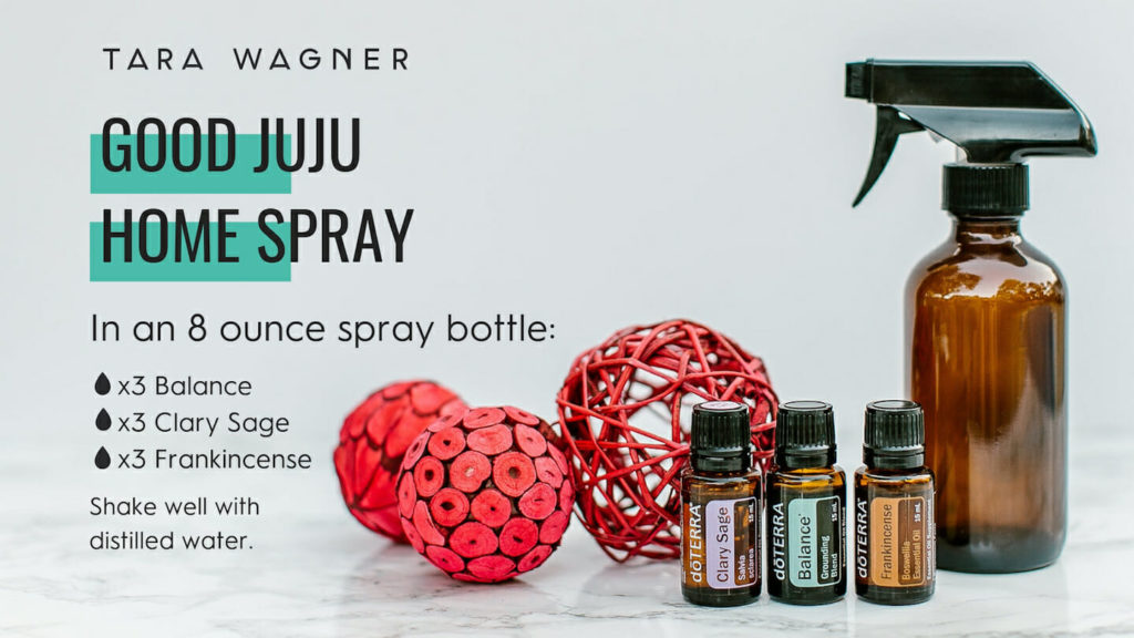 Good-Juju-Home-Spray., spray bottle, balance, clary sage, and frankincense essential oil bottles