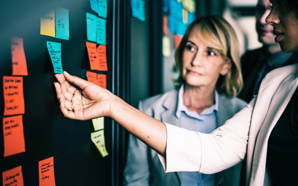 Group analyzing post-it notes