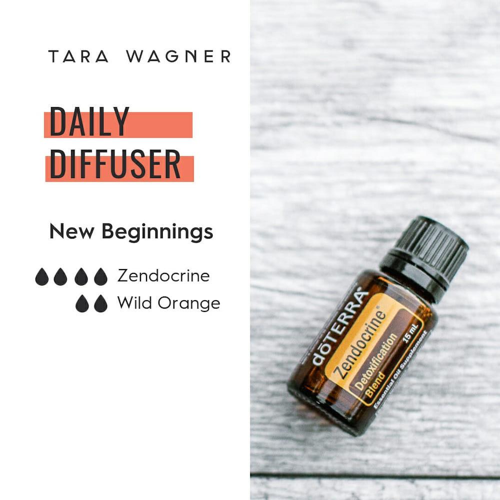 Diffuser recipe called New Beginnings depicting the recipe: 4 drops of zendocrine blend, and 2 drops of wild orange essential oil