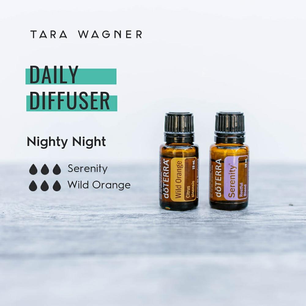 Diffuser recipe called Nighty Night depicting the recipe: 3 drops each of serenity and wild orange essential oils