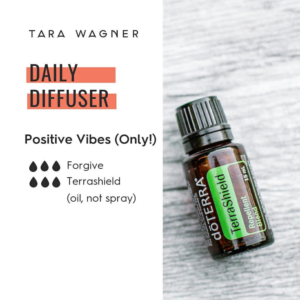 Diffuser recipe called Positive Vibes Only depicting the recipe: 3 drops each of forgive and terrshield essential oils