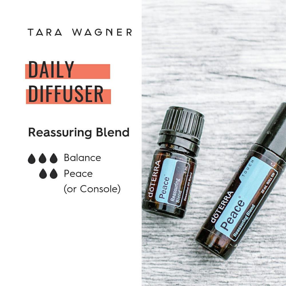 Diffuser recipe called Reassuring Blend depicting the recipe: 3 drops Balance and 2 drops peace or console essential oils