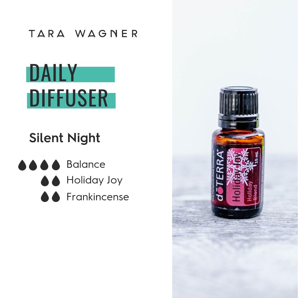 Diffuser recipe called Silent Night depicting the recipe: 4 drops balance, 2 drops holiday joy, and 2 drops frankincense essential oils