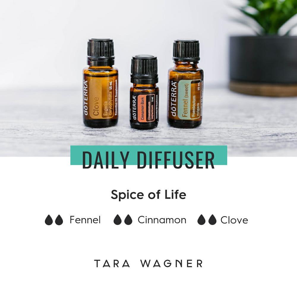 Diffuser recipe called Spice of Life depicting the recipe: 2 drops each of fennel cinnamon and clove essential oils