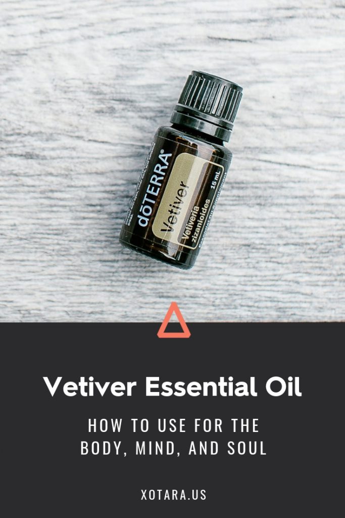 doTERRA Vetiver Essential oil bottle with text, How to Use for Body, Mind, and Soul